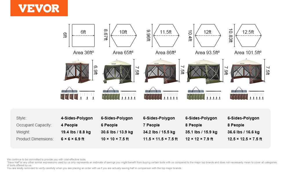 VEVOR pop-up gazebo tent selection chart showcasing styles, capacities, weights, and dimensions in various sizes.