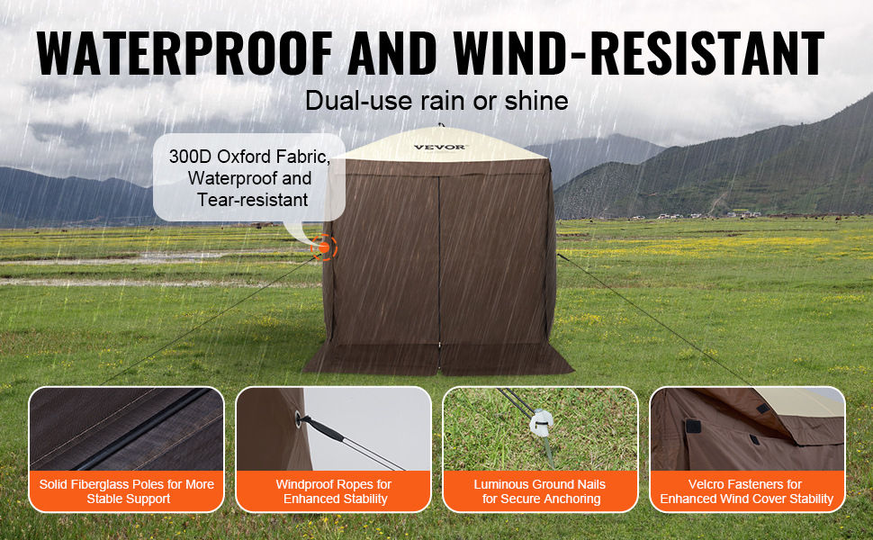 VEVOR pop-up gazebo tent in raining field, 300d oxford fabric, windproof ropes, solid fiberglass poles.