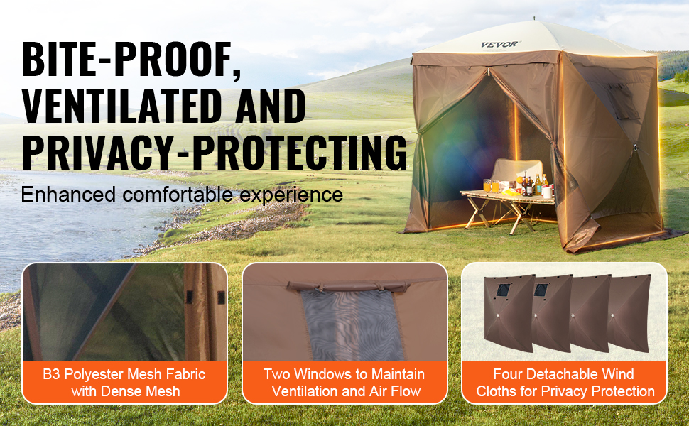 VEVOR pop-up gazebo tent with mesh fabric, windows for ventilation, and detachable wind cloths.