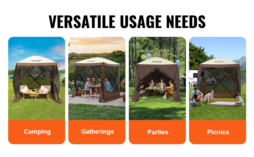 VEVOR pop-up gazebo tent for camping, gatherings, parties, and picnics in outdoor settings.