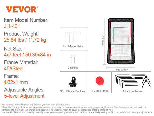 VEVOR lacrosse rebounder jh-401 specs, assembly parts, 4x7 feet net, 45#steel frame, 5-level adjustment.