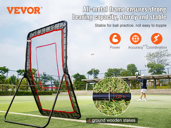 VEVOR lacrosse rebounder with all-metal frame set up on a soccer field, demonstrating stability.