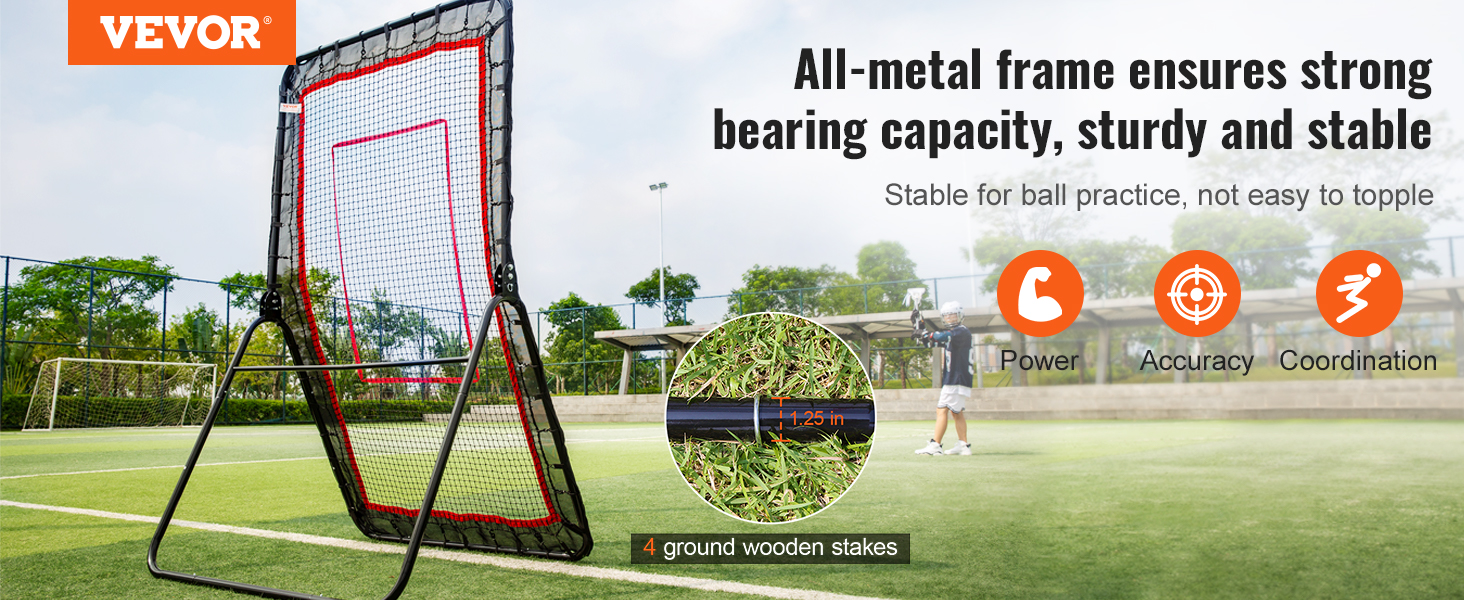 VEVOR lacrosse rebounder with all-metal frame set up on a soccer field, demonstrating stability.