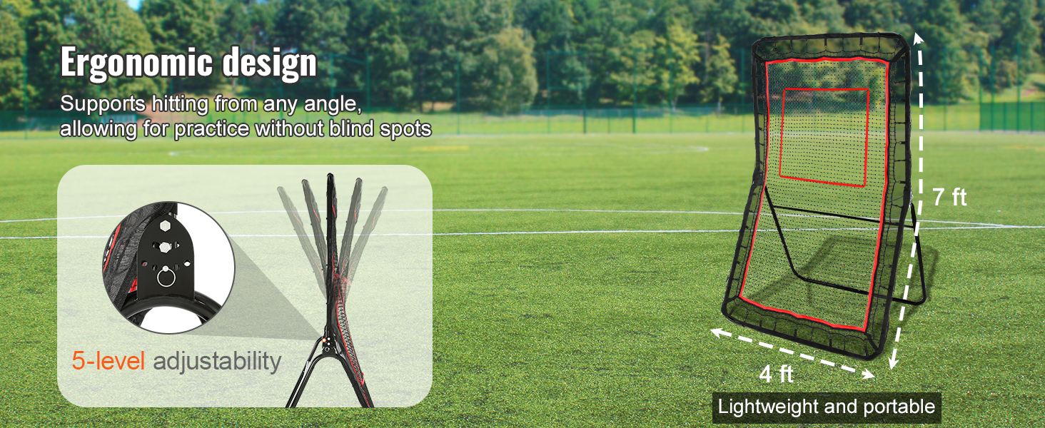 VEVOR lacrosse rebounder on a field, showcasing ergonomic design and 5-level adjustability.