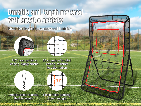 VEVOR lacrosse rebounder on a turf field with pvc bounce fabric, knotted netting, and elastic buckles.