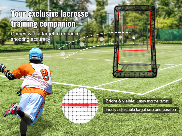 lacrosse player shoots at VEVOR lacrosse rebounder on a sunny field, showcasing adjustable target for accuracy.