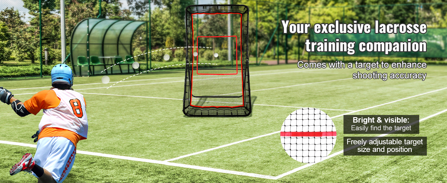 lacrosse player shoots at VEVOR lacrosse rebounder on a sunny field, showcasing adjustable target for accuracy.