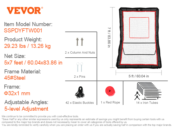 VEVOR lacrosse rebounder, model sspdyftw001 with 5x7 ft steel frame, accessories include iron tubes and elastic buckles.