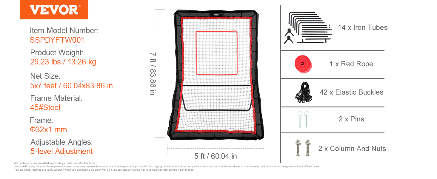 VEVOR lacrosse rebounder, model sspdyftw001 with 5x7 ft steel frame, accessories include iron tubes and elastic buckles.