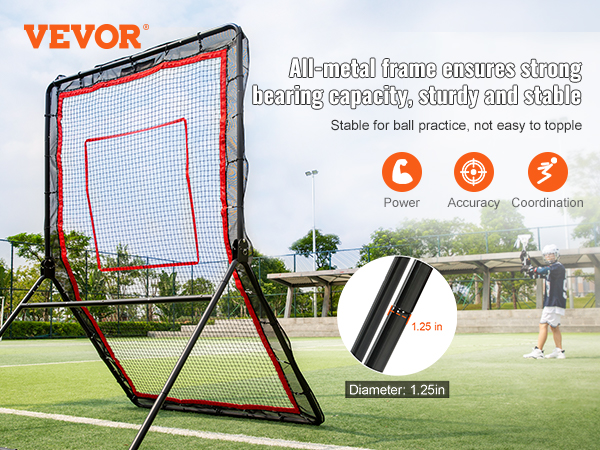 VEVOR lacrosse rebounder with sturdy metal frame for ball practice, enhancing power, accuracy, and coordination.