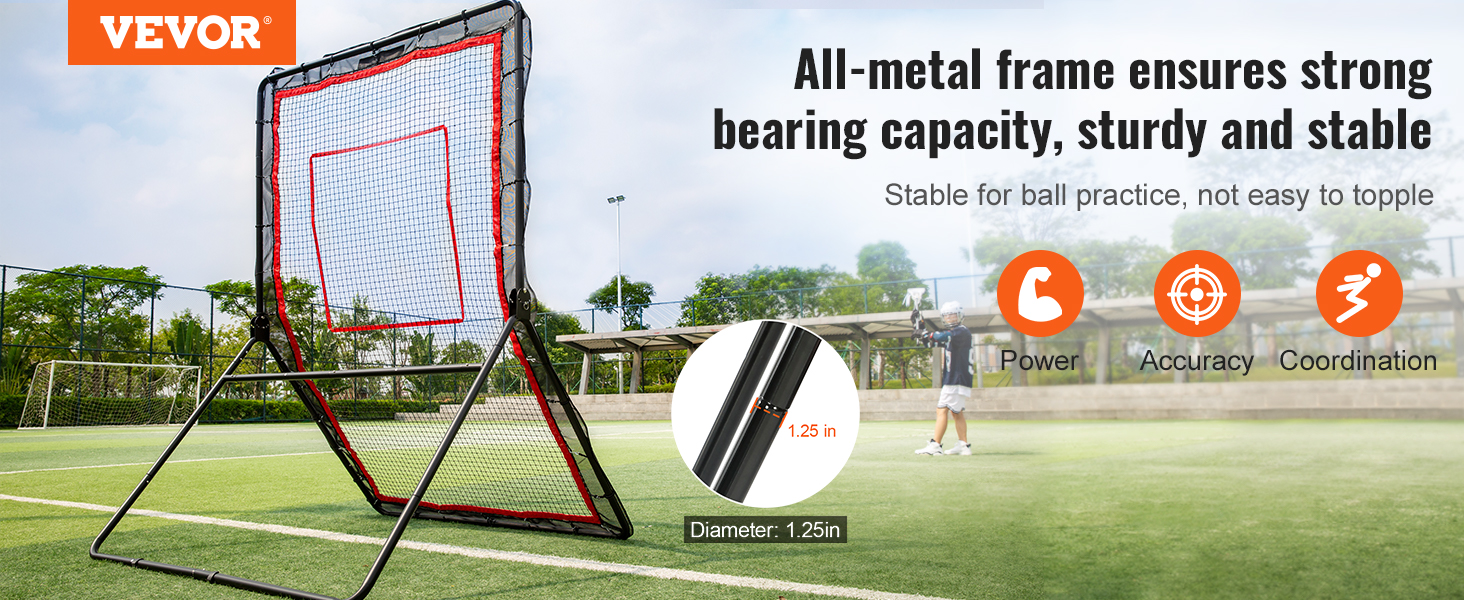VEVOR lacrosse rebounder with sturdy metal frame for ball practice, enhancing power, accuracy, and coordination.