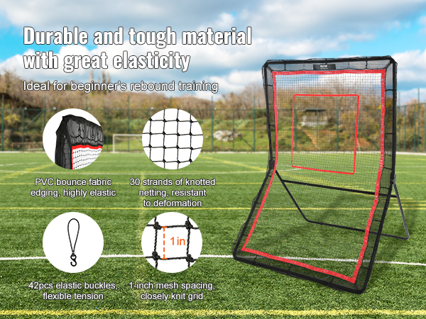 VEVOR lacrosse rebounder on a soccer field, showcasing durable pvc fabric, 30-strand netting, and elastic buckles.