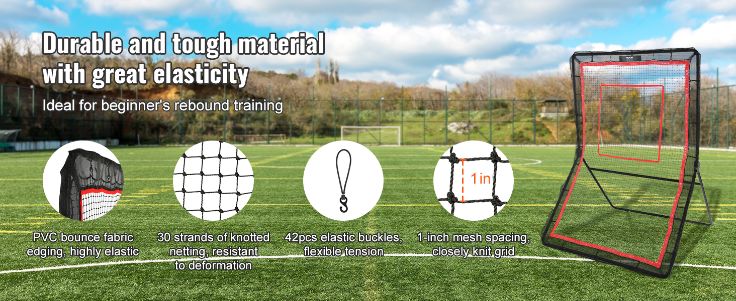 VEVOR lacrosse rebounder on a soccer field, showcasing durable pvc fabric, 30-strand netting, and elastic buckles.