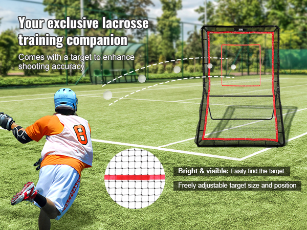 lacrosse player aiming at VEVOR lacrosse rebounder with adjustable target on a green field.