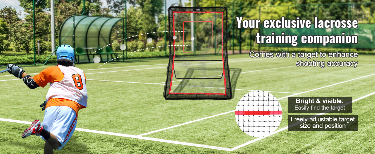 lacrosse player aiming at VEVOR lacrosse rebounder with adjustable target on a green field.