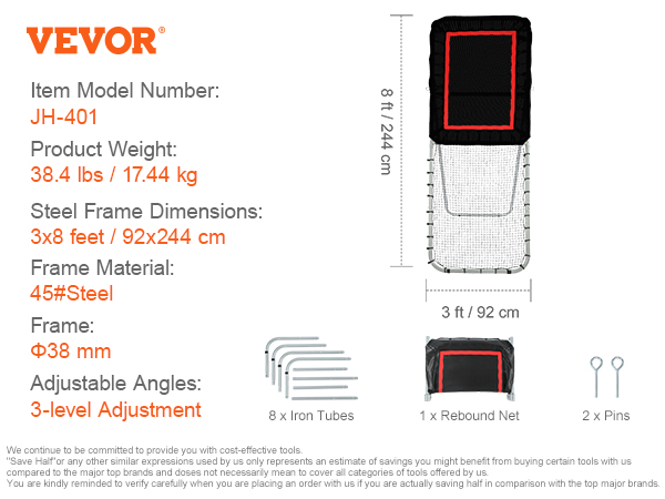 VEVOR lacrosse rebounder jh-401, 3x8 feet, 38.4 lbs, steel frame, 3-level adjustment, includes tubes, net, and pins.