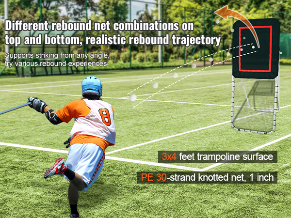 lacrosse player using VEVOR lacrosse rebounder with 3x4 ft trampoline surface and pe 30-strand knotted net.