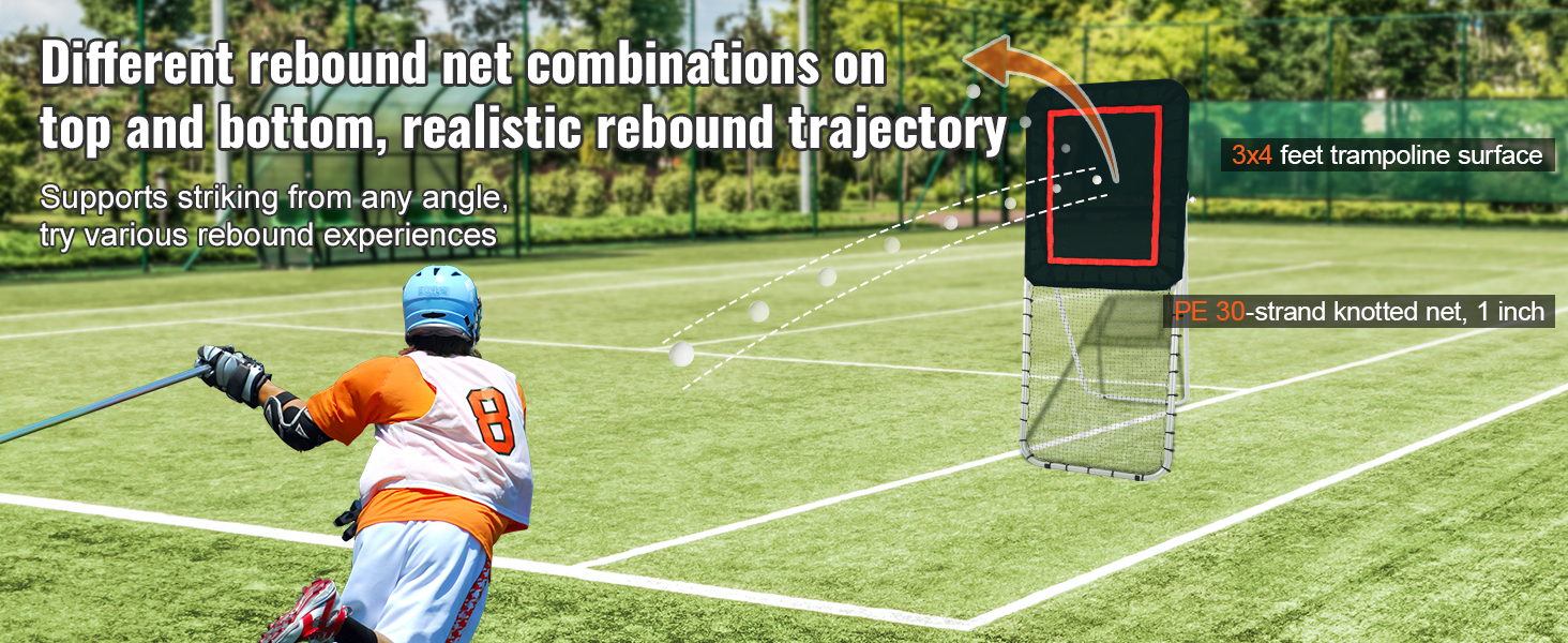 lacrosse player using VEVOR lacrosse rebounder with 3x4 ft trampoline surface and pe 30-strand knotted net.