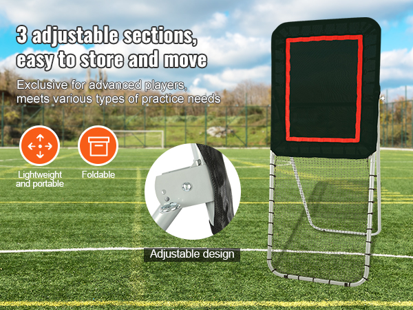 VEVOR lacrosse rebounder with adjustable sections, lightweight, foldable, and easy to store on a sports field.
