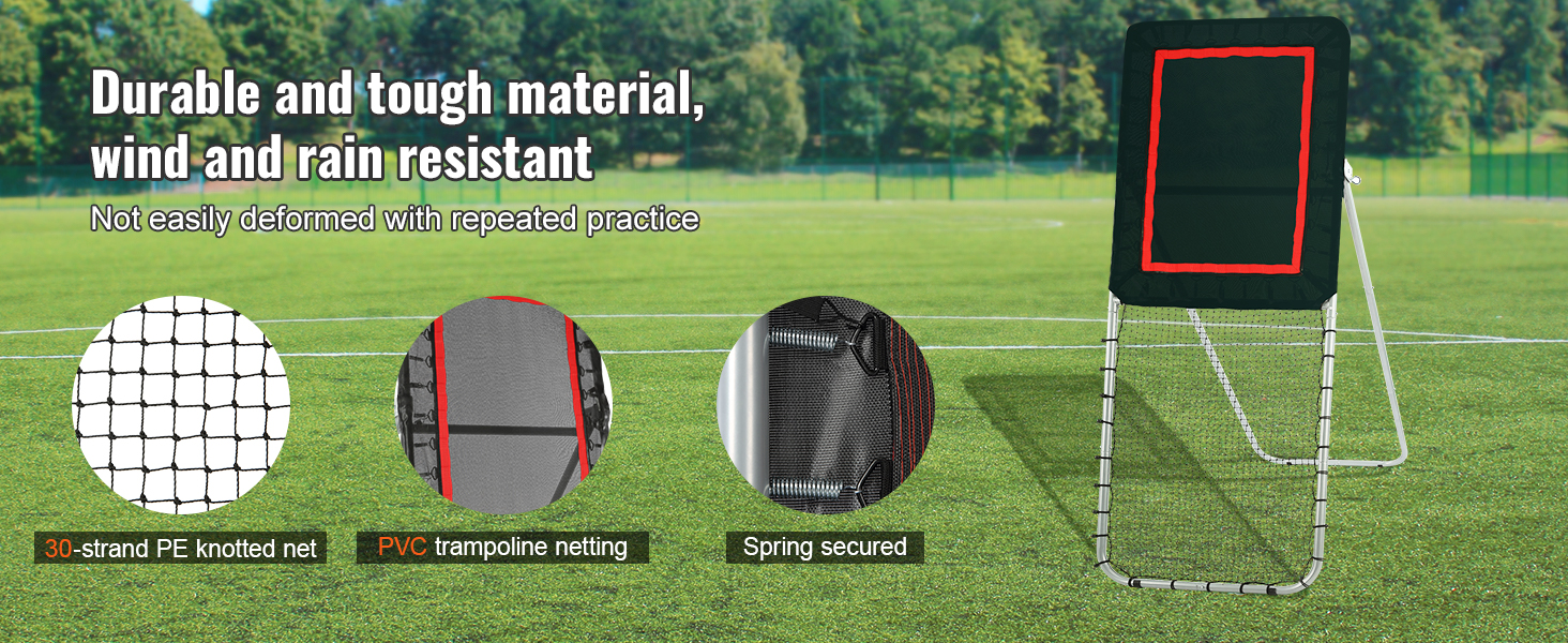 VEVOR lacrosse rebounder on field, featuring durable pe net, pvc trampoline netting, and spring-secured frame