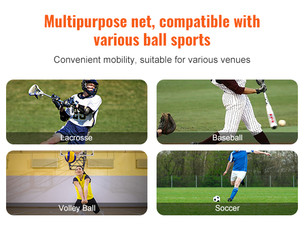 multipurpose net for lacrosse, baseball, volleyball, and soccer. easy mobility for various venues.
