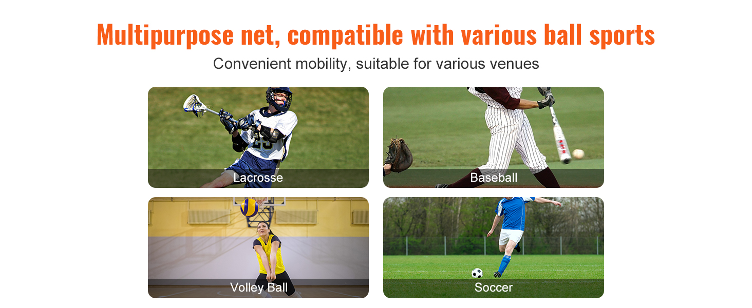 multipurpose net for lacrosse, baseball, volleyball, and soccer. easy mobility for various venues.