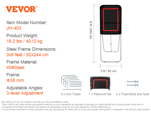 VEVOR lacrosse rebounder with adjustable angles, steel frame, and dimensions 8ft x 3ft.
