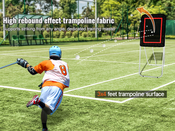 lacrosse player practicing with VEVOR lacrosse rebounder on a grass field, highlighting the rebound effect.