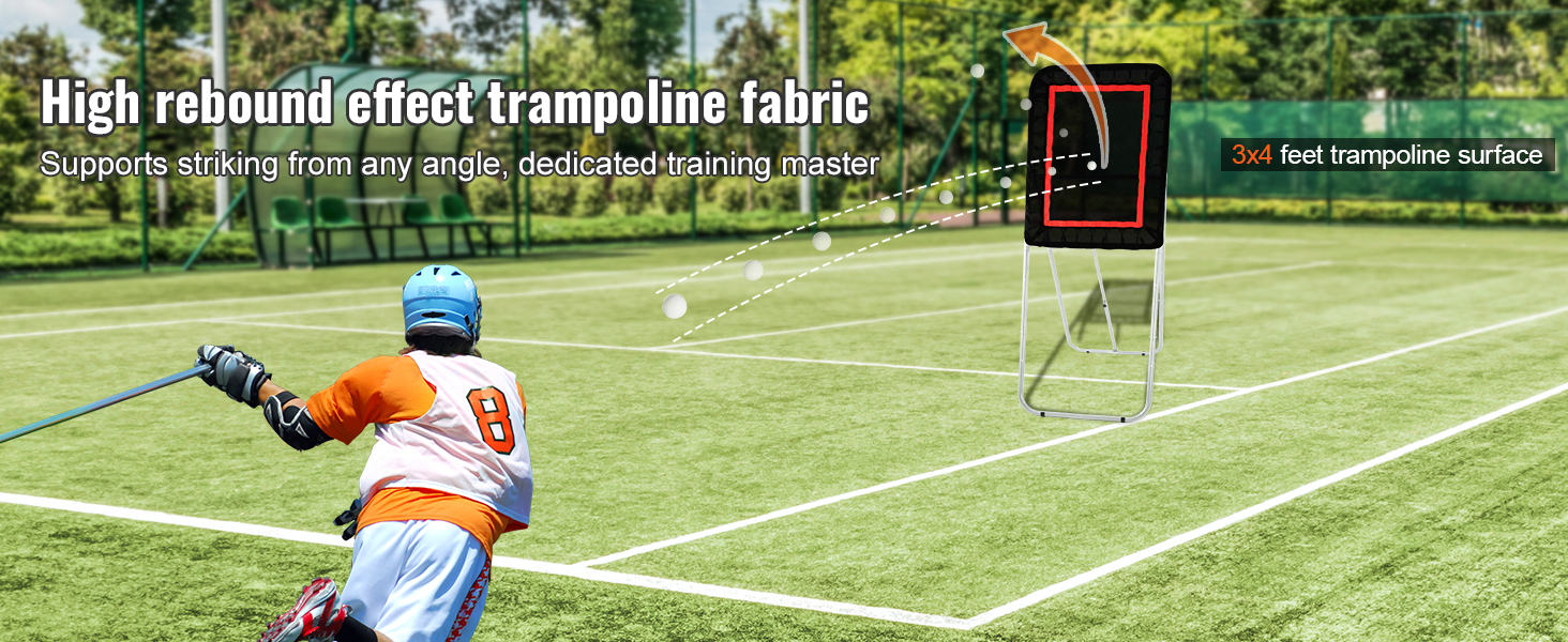 lacrosse player practicing with VEVOR lacrosse rebounder on a grass field, highlighting the rebound effect.