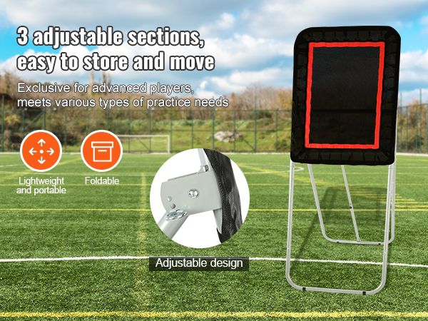 VEVOR lacrosse rebounder with 3 adjustable sections, lightweight, foldable, and portable design.