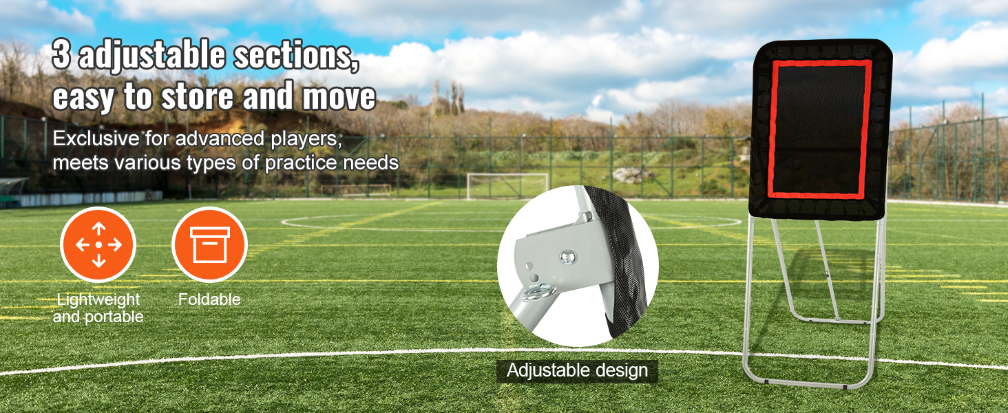 VEVOR lacrosse rebounder with 3 adjustable sections, lightweight, foldable, and portable design.
