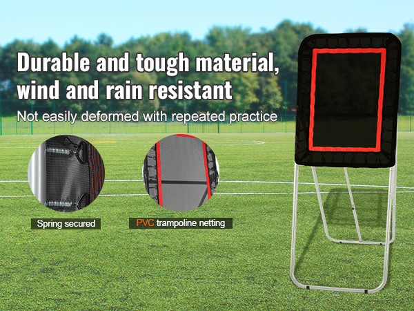 durable VEVOR lacrosse rebounder on field with pvc netting and spring-secured frame. wind and rain resistant.