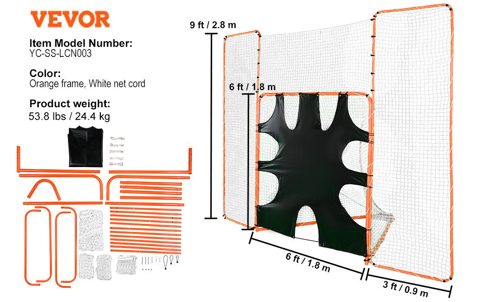 VEVOR lacrosse goal with orange frame, white net cord, and parts layout, dimensions: 9ft x 6ft x 3ft.