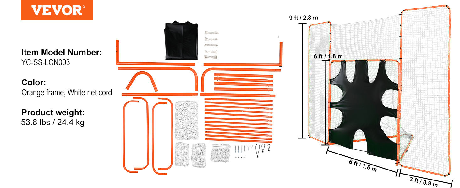 VEVOR lacrosse goal with orange frame, white net cord, and parts layout, dimensions: 9ft x 6ft x 3ft.
