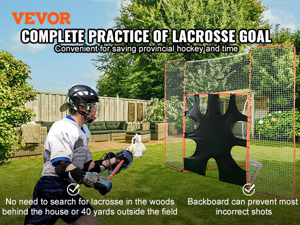VEVOR lacrosse goal setup in a backyard with a player practicing in front of the net.