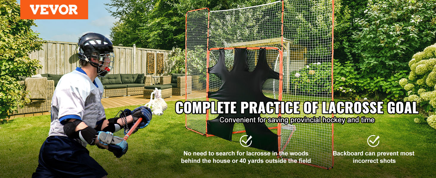 VEVOR lacrosse goal setup in a backyard with a player practicing in front of the net.