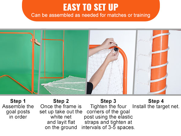VEVOR lacrosse goal setup steps: assemble posts, lay net flat, tighten corners, install target net.