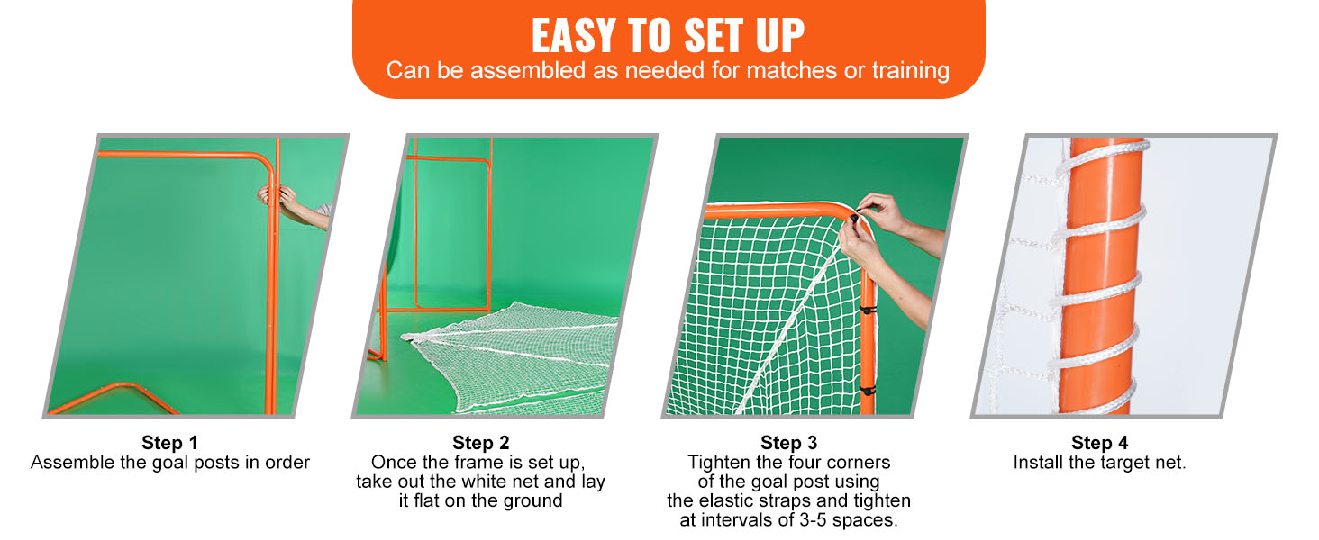 VEVOR lacrosse goal setup steps: assemble posts, lay net flat, tighten corners, install target net.