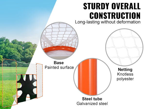 VEVOR lacrosse goal with sturdy galvanized steel tubing, knotless polyester netting, and painted base.