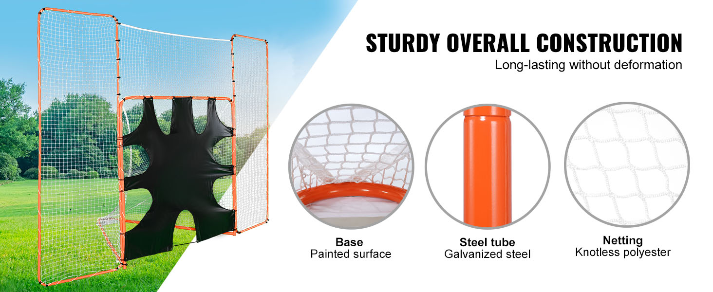 VEVOR lacrosse goal with sturdy galvanized steel tubing, knotless polyester netting, and painted base.