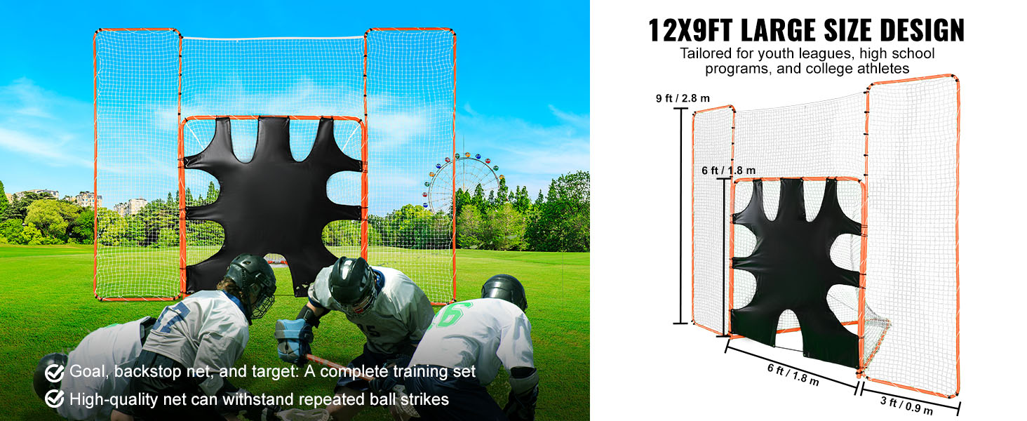 lacrosse players training with VEVOR lacrosse goal, featuring a large backstop net and target.