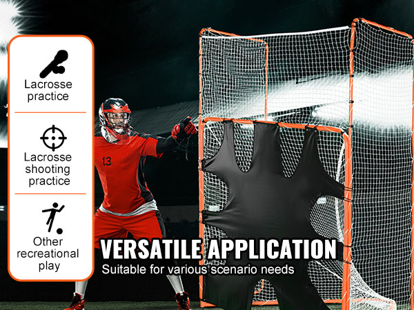 lacrosse player guarding a VEVOR lacrosse goal with versatile application options shown on the left.