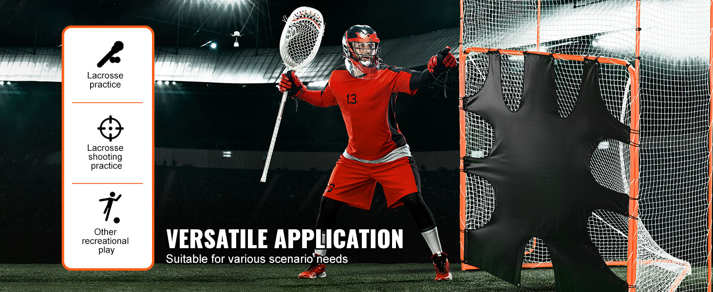 lacrosse player guarding a VEVOR lacrosse goal with versatile application options shown on the left.
