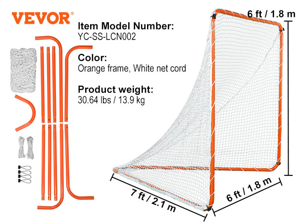 VEVOR lacrosse goal with 6x7 ft orange frame, white net cord, model yc-ss-lcn002, 30.64 lbs.