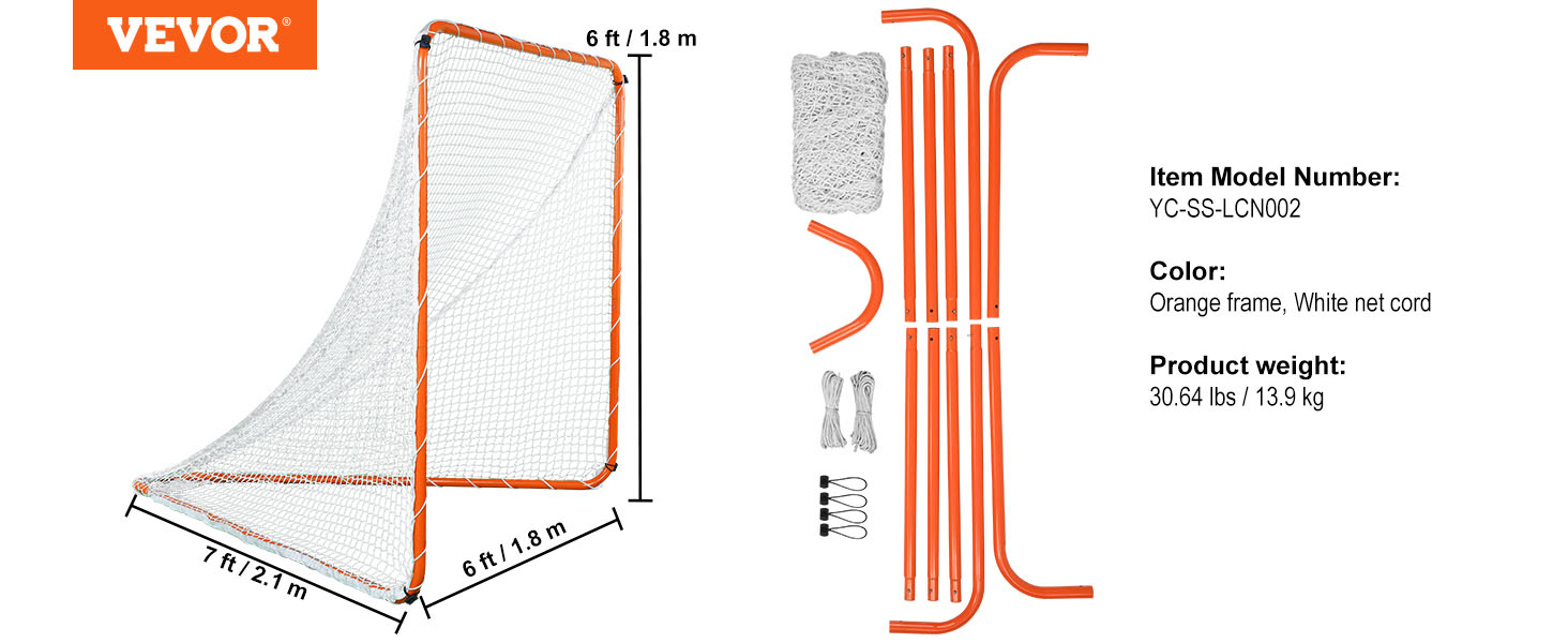 VEVOR lacrosse goal with 6x7 ft orange frame, white net cord, model yc-ss-lcn002, 30.64 lbs.