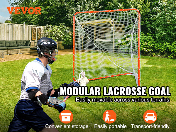 VEVOR lacrosse goal in a backyard with patio furniture, highlighting convenient storage and portability.