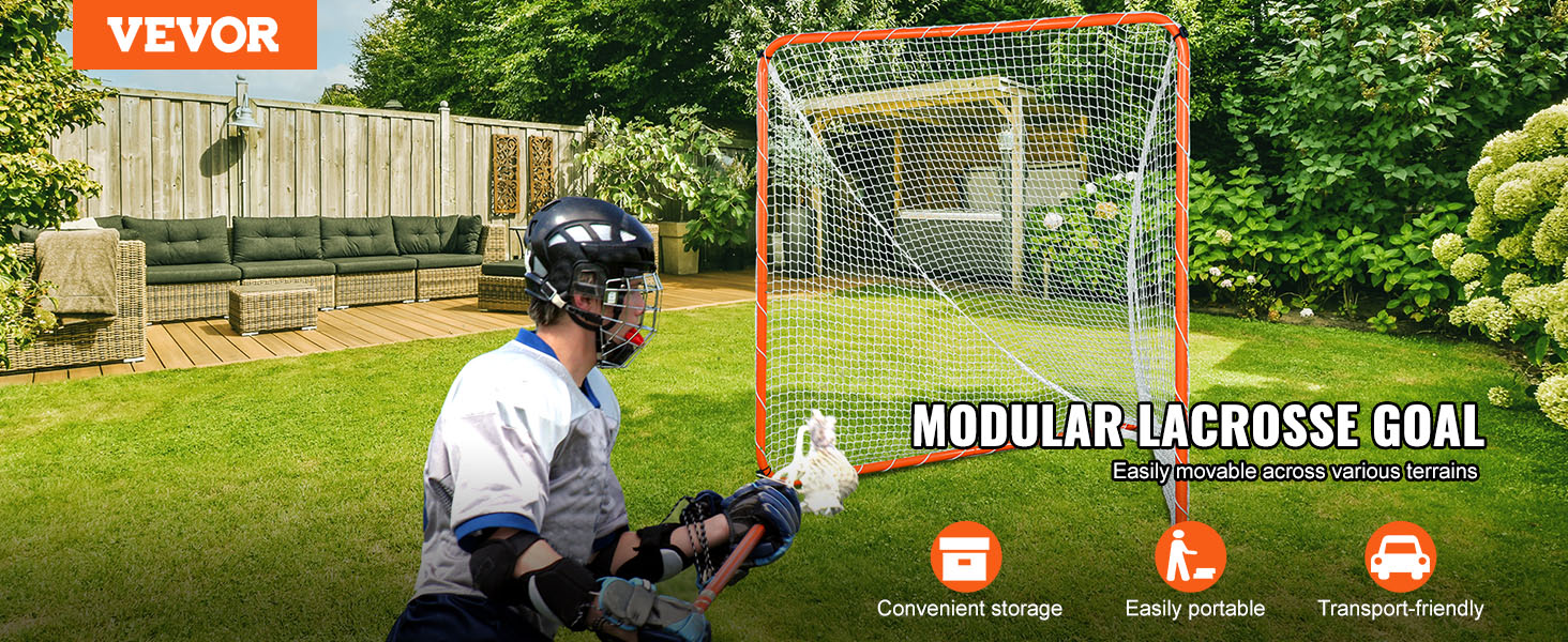 VEVOR lacrosse goal in a backyard with patio furniture, highlighting convenient storage and portability.