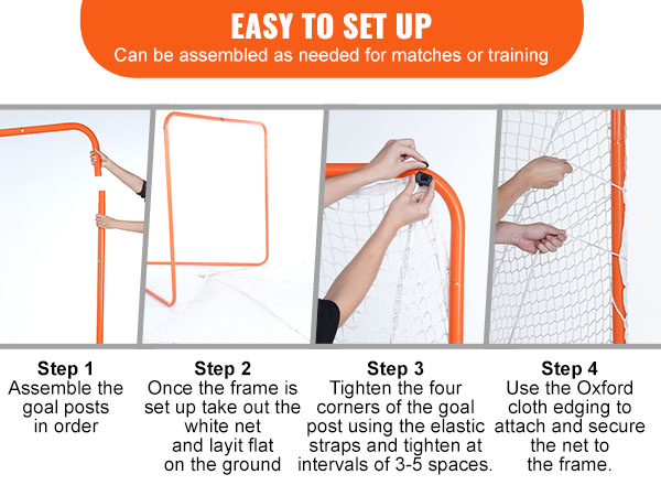 VEVOR lacrosse goal setup guide: assemble posts, set up frame, attach net with straps, secure edges.