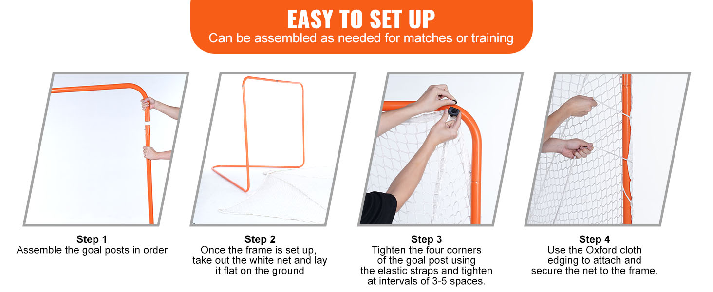 VEVOR lacrosse goal setup guide: assemble posts, set up frame, attach net with straps, secure edges.