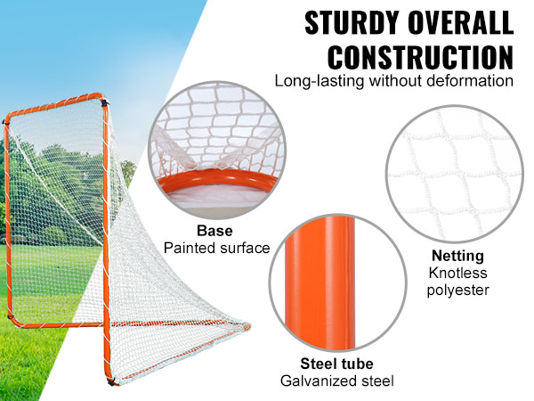 VEVOR lacrosse goal with steel tube, knotless polyester netting, and painted surface base in a park.